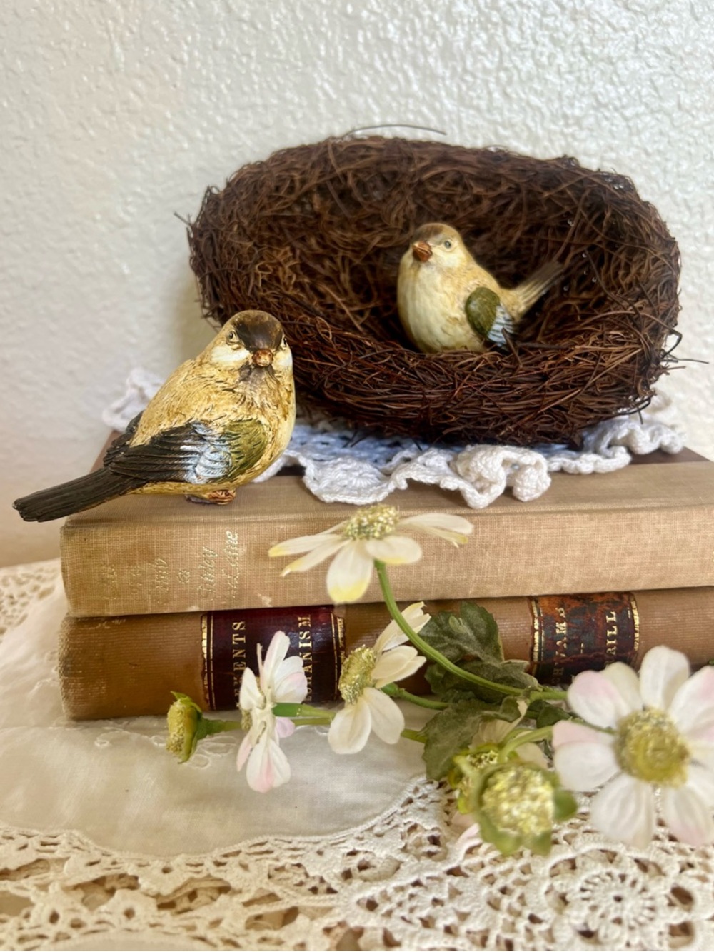 Decorative Resin Bird Figurines with Nest - Cream and Brown